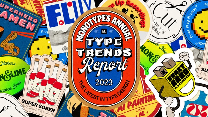 Assorted typeface badges showcasing different font styles and names.