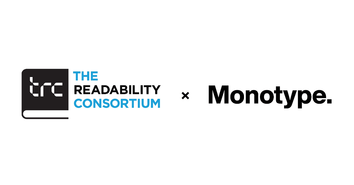 Logos for The Readability Consortium x Monotype: "trc" written on a book with THE READABILITY CONSORTIUM printed to the right, x, Monotype.