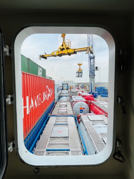 View from cabin window aboard the GENCA cargo ship while the ship was being loaded.