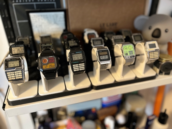 Three rows of Casio watches on display