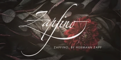 Zapfino in Zapfino Extra in white on top of a muted image of a red flower and green leaves. "Zapfino, By Hermann Zapf."