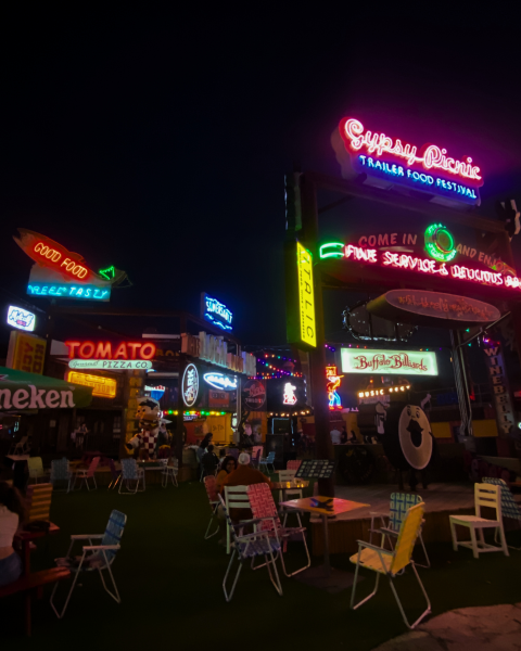 Neon signage lights up the night at an outdoor food hall with lawn chairs on turf.