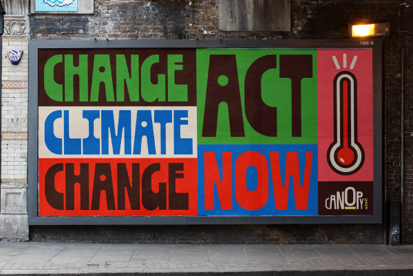 Zanco is a variable font by In-House International. Seen on a billboard with words: "CHANGE CLIMATE CHANGE ACT NOW" and a full red thermometer.