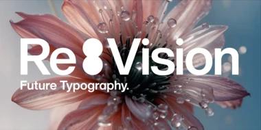 Pink flower with blue background. White text: "Re:Vision, Future Typography." Colon is in the shape of a vertical venn diagram in all white.