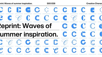 Cover of "Creative Characters" podcast episode 8, abstract design elements in a vibrant, layered composition.