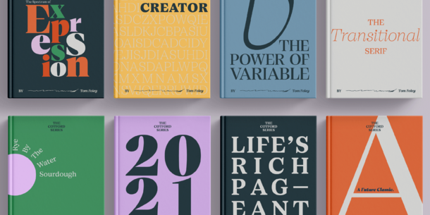 Two rows of four books showcasing various typefaces in vibrant colors.