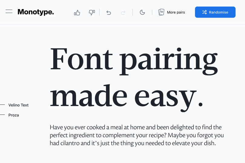 Monotype's font pairing tool is shown, displaying a serif and sans serif font paired together.