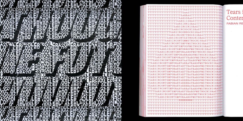 Black and white typography in rows on the left, and a book with red text on a white background on the right