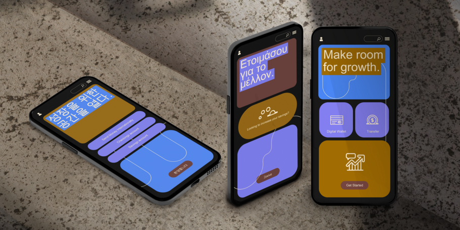 Image of three phones with graphics and text in different languages.