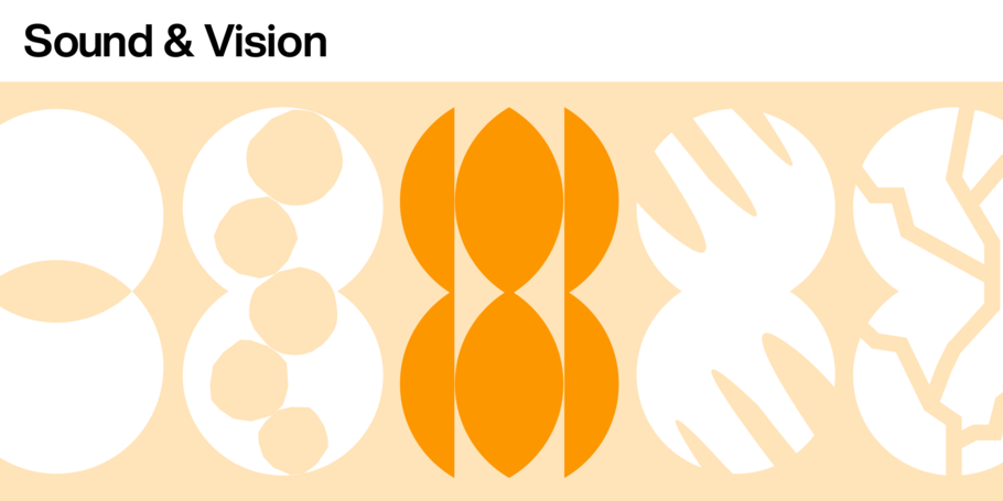 Tangerine image with six theme "portals" (vertical Venn diagrams) with the "Sound & Vision" portal highlighted in tangerine and the rest in white. Text: "Sound & Vision." The highlighted portal has crescents around a vertical eye shape. 