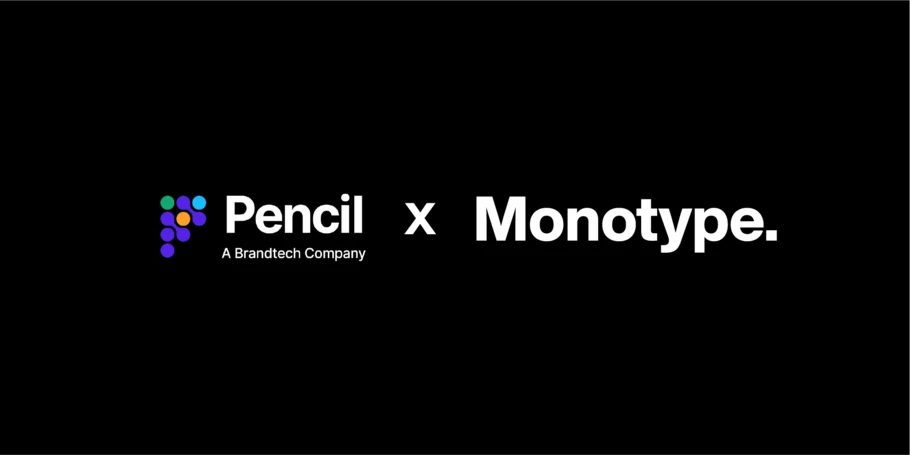 P made out of different colored dots. Logos text in white on a black background: " Pencil, A Brandtech Company x Monotype."